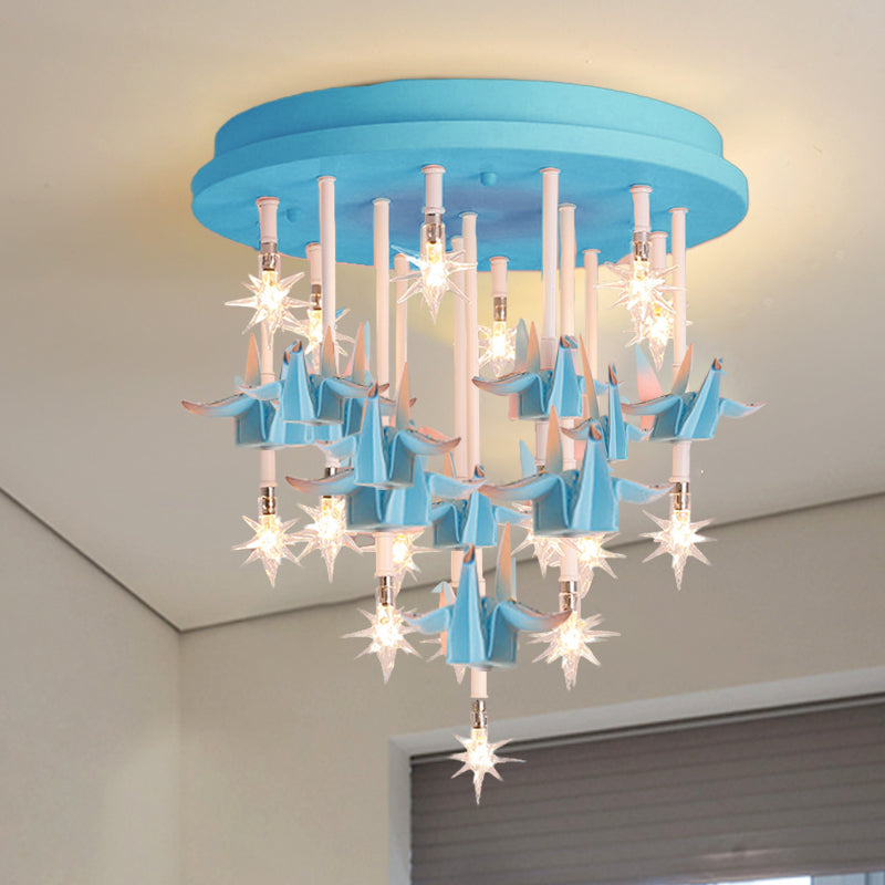 Resin Horse/Bird/Crane Ceiling Light Fixture Kids 13/16 Lights Blue/Pink Flush Mount Lighting with Clear Glass Shade