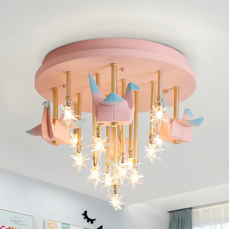 Resin Horse/Bird/Crane Ceiling Light Fixture Kids 13/16 Lights Blue/Pink Flush Mount Lighting with Clear Glass Shade