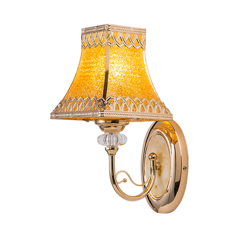 Single Bulb Bell Wall Sconce Colonial Gold Beveled Glass Wall Light with Arched Arm for Indoor