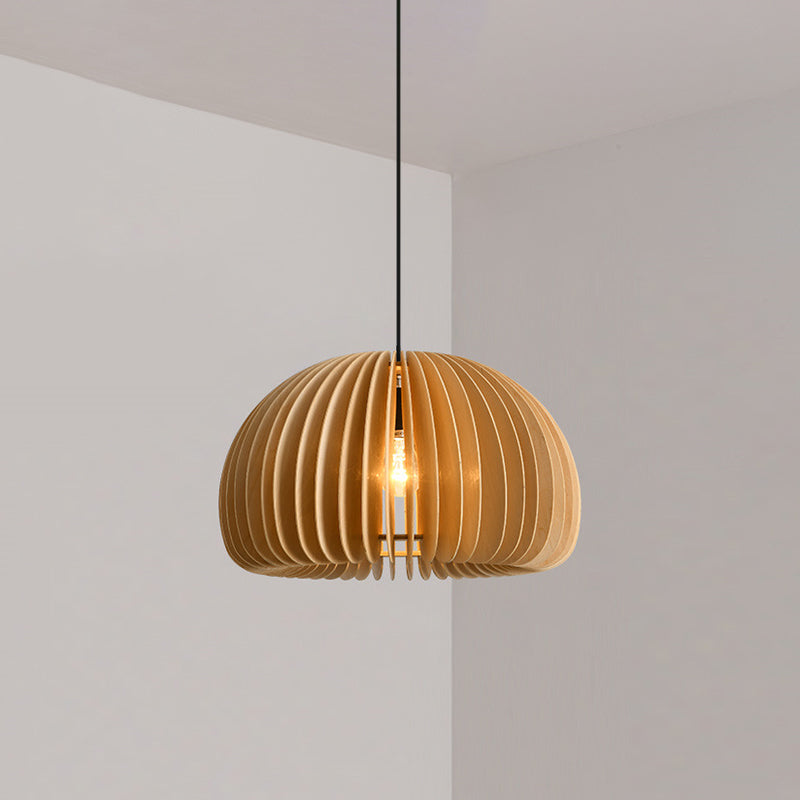 Wood Pumpkin Hanging Pendant Light Japanese Style Beige Pendant Lighting Fixture