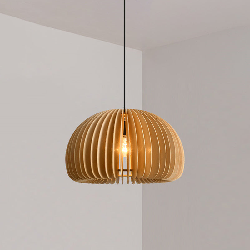Wood Pumpkin Hanging Pendant Light Japanese Style Beige Pendant Lighting Fixture