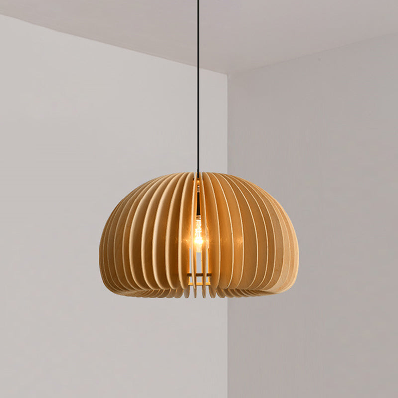 Wood Pumpkin Hanging Pendant Light Japanese Style Beige Pendant Lighting Fixture