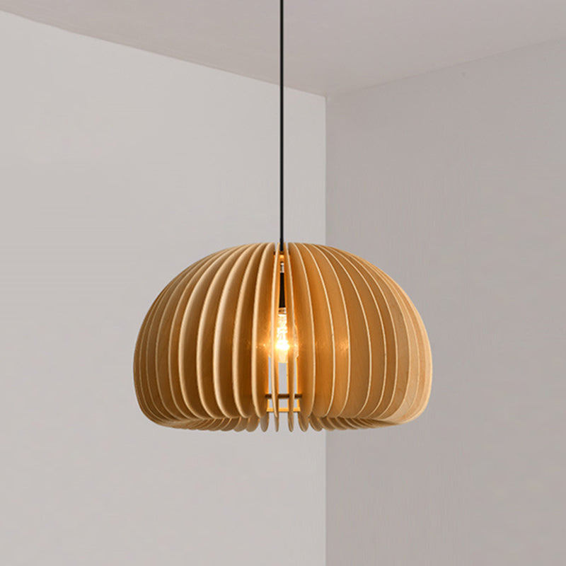Wood Pumpkin Hanging Pendant Light Japanese Style Beige Pendant Lighting Fixture