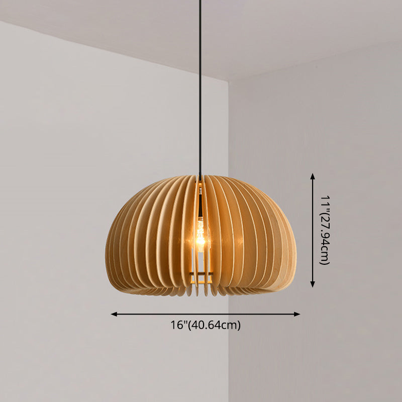 Wood Pumpkin Hanging Pendant Light Japanese Style Beige Pendant Lighting Fixture