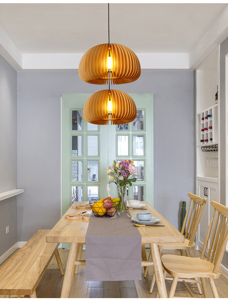 Wood Pumpkin Hanging Pendant Light Japanese Style Beige Pendant Lighting Fixture