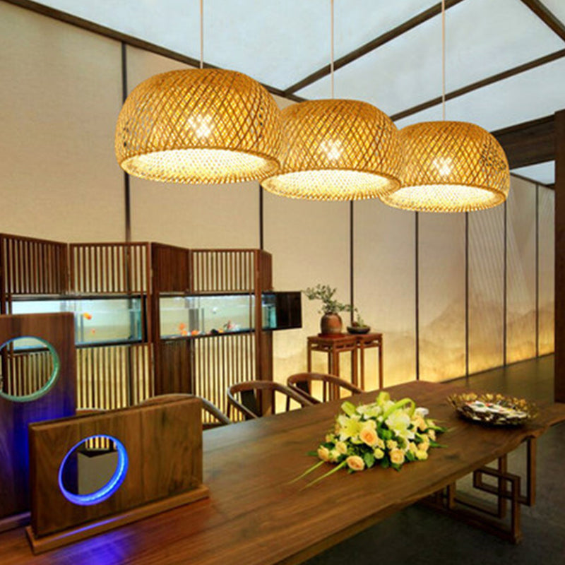 Half-Circle Shade Pendant Light Fixture Asia Style Bamboo Beige Suspension Pendant Light
