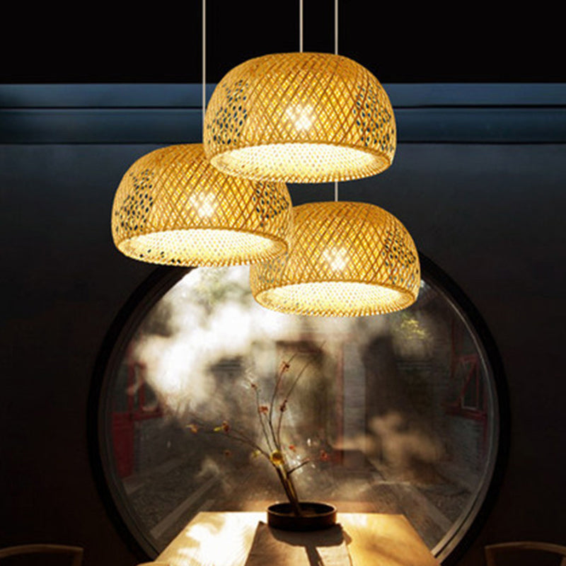 Half-Circle Shade Pendant Light Fixture Asia Style Bamboo Beige Suspension Pendant Light