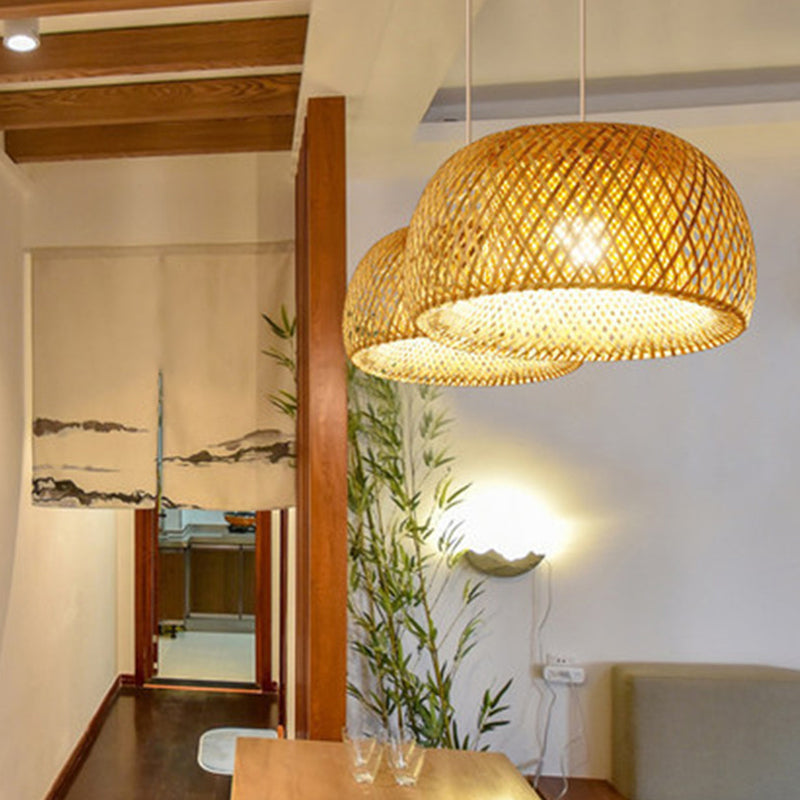 Half-Circle Shade Pendant Light Fixture Asia Style Bamboo Beige Suspension Pendant Light