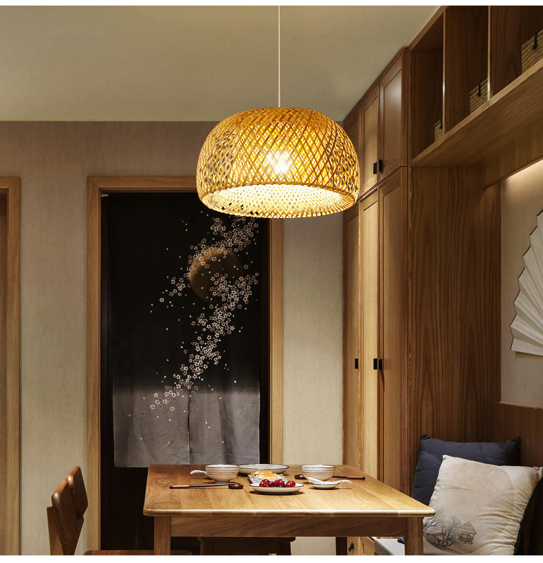Half-Circle Shade Pendant Light Fixture Asia Style Bamboo Beige Suspension Pendant Light