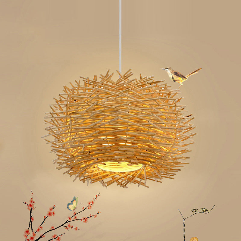 Bird Nest Pendant Light Kit Japanese Rattan Living Room Hanging Ceiling Light in Beige