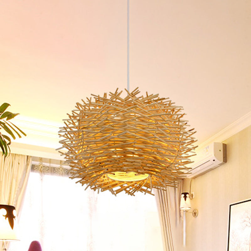 Bird Nest Pendant Light Kit Japanese Rattan Living Room Hanging Ceiling Light in Beige