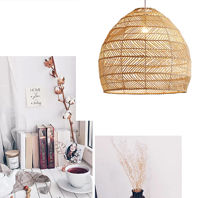 Living Room Pendant Lighting Chinese Beige Hanging Lamp with Elongated Dome Rattan Shade