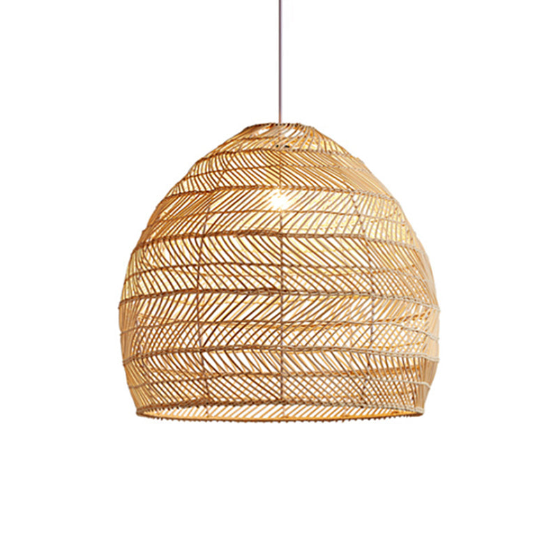 Living Room Pendant Lighting Chinese Beige Hanging Lamp with Elongated Dome Rattan Shade