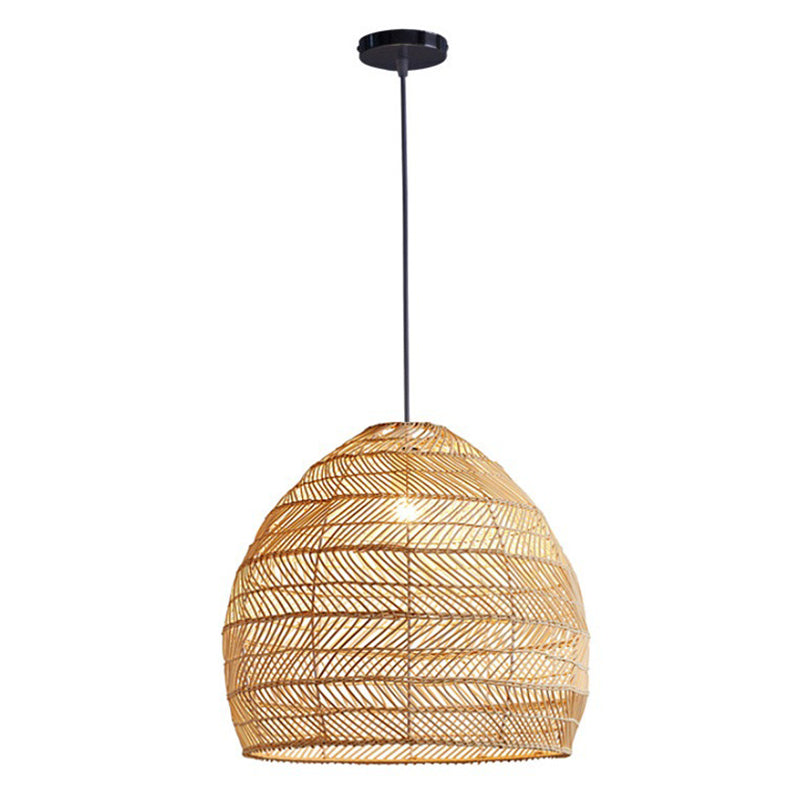 Living Room Pendant Lighting Chinese Beige Hanging Lamp with Elongated Dome Rattan Shade