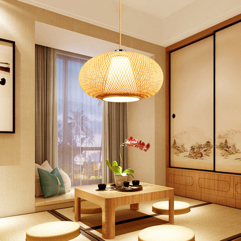 Bamboo Lantern Pendant Lighting Fixture Modern Suspension Pendant Light in Beige