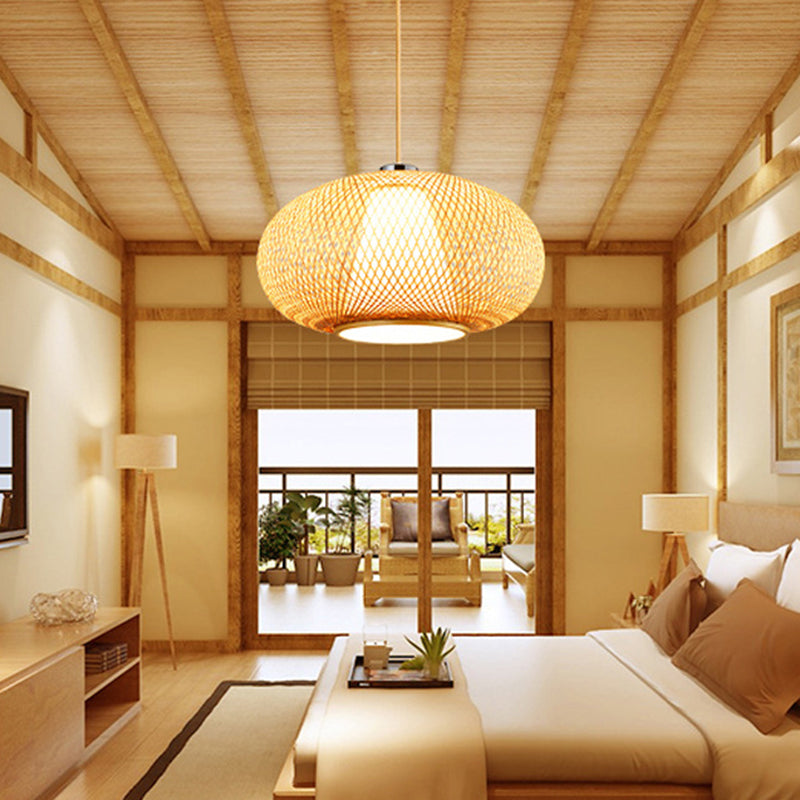 Bamboo Lantern Pendant Lighting Fixture Modern Suspension Pendant Light in Beige