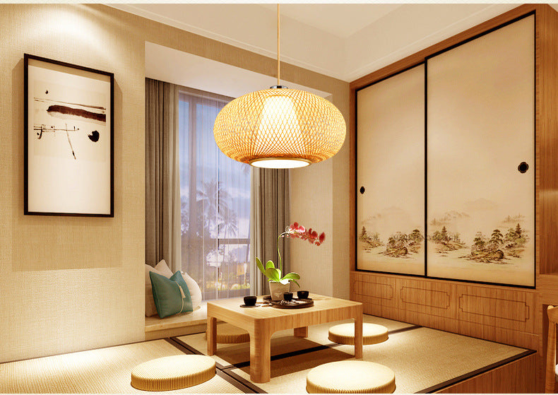 Bamboo Lantern Pendant Lighting Fixture Modern Suspension Pendant Light in Beige