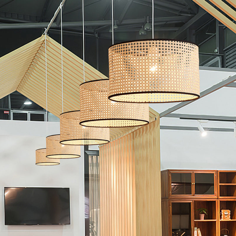 Bamboo Drum-Shaped Ceiling Pendant Lamp Modern Style Suspension Pendant Light in Beige