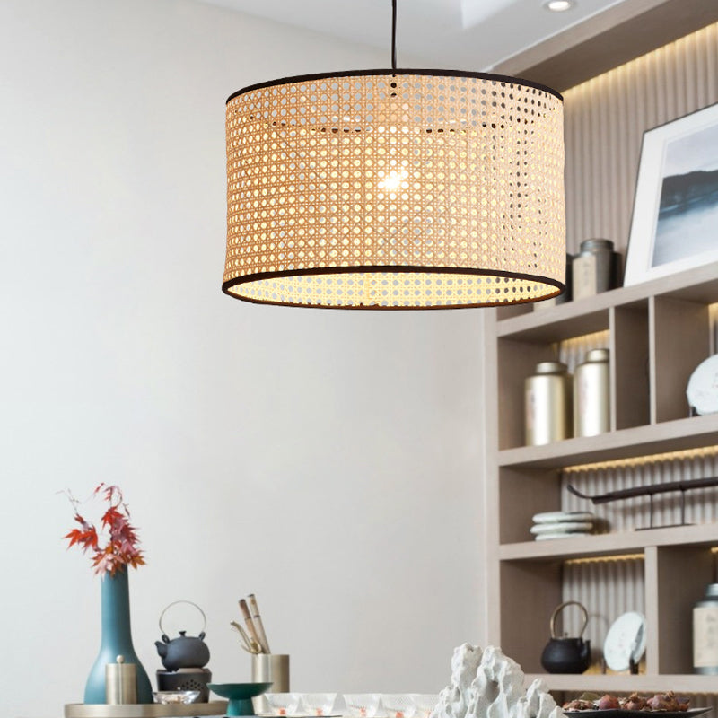 Bamboo Drum-Shaped Ceiling Pendant Lamp Modern Style Suspension Pendant Light in Beige