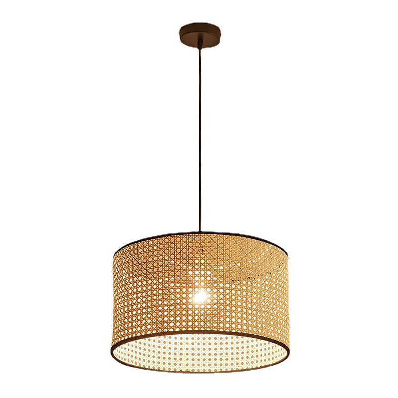 Bamboo Drum-Shaped Ceiling Pendant Lamp Modern Style Suspension Pendant Light in Beige