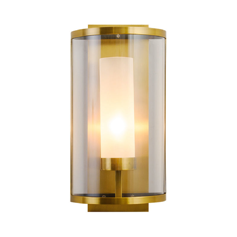 Gold Half-Cylinder Wall Lamp Colonial Clear Glass 1 Light Bedroom Wall Mount Lighting