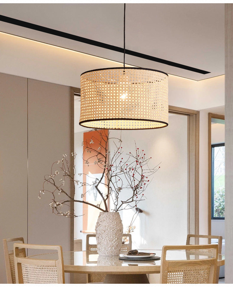 Bamboo Drum-Shaped Ceiling Pendant Lamp Modern Style Suspension Pendant Light in Beige