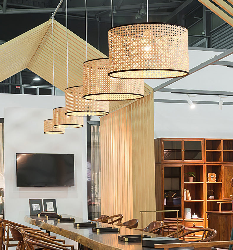 Bamboo Drum-Shaped Ceiling Pendant Lamp Modern Style Suspension Pendant Light in Beige