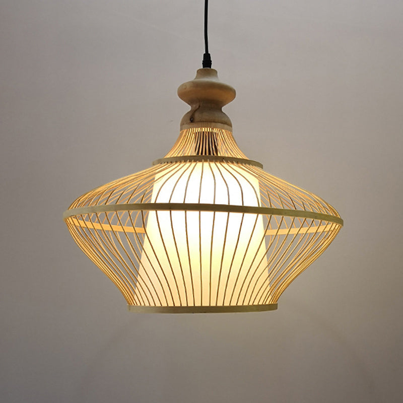 Bamboo Saucer Suspension Pendant Light Modern Style Beige Pendant Lighting Fixture