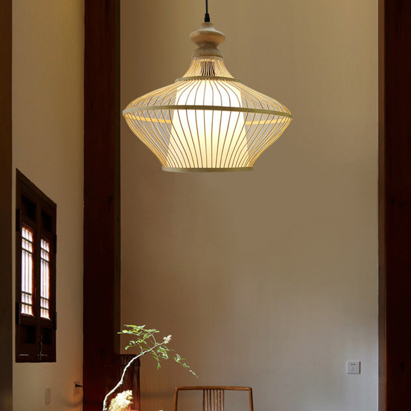 Bamboo Saucer Suspension Pendant Light Modern Style Beige Pendant Lighting Fixture