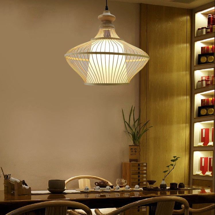 Bamboo Saucer Suspension Pendant Light Modern Style Beige Pendant Lighting Fixture