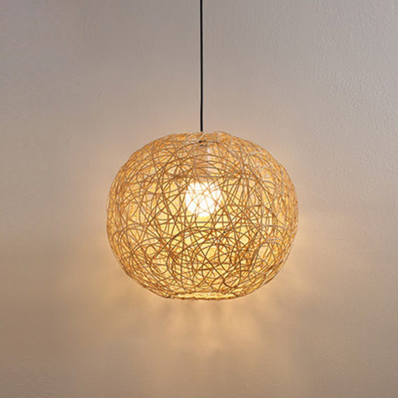 Restaurant Pendant Light Kit Asia Style Beige Hanging Ceiling Light with Globe Rattan Shade