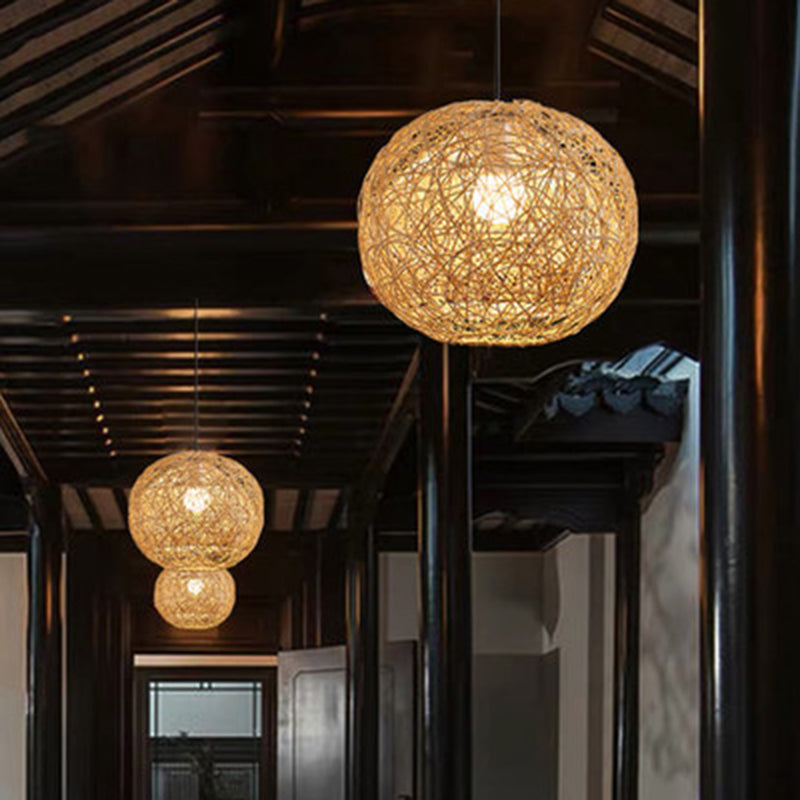 Restaurant Pendant Light Kit Asia Style Beige Hanging Ceiling Light with Globe Rattan Shade
