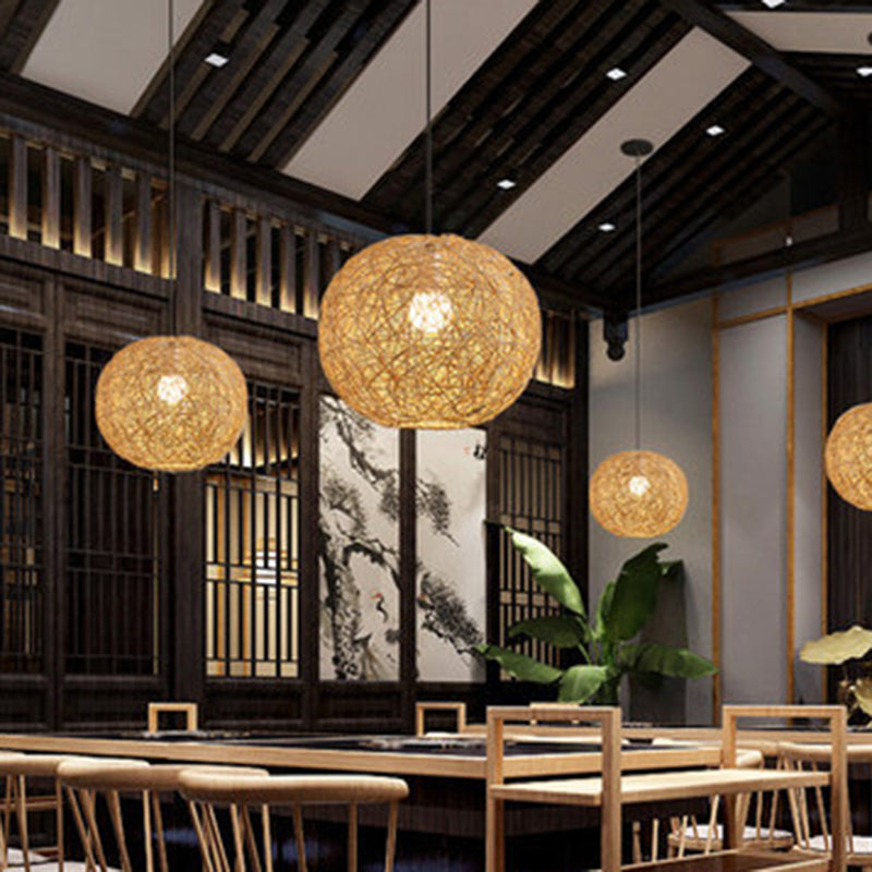 Restaurant Pendant Light Kit Asia Style Beige Hanging Ceiling Light with Globe Rattan Shade