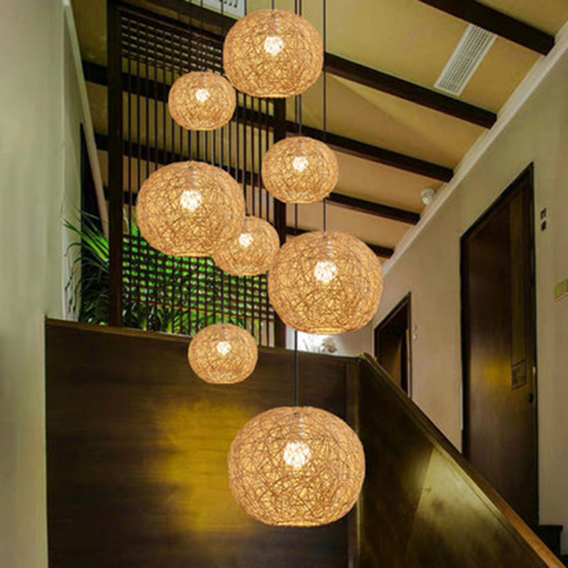 Restaurant Pendant Light Kit Asia Style Beige Hanging Ceiling Light with Globe Rattan Shade