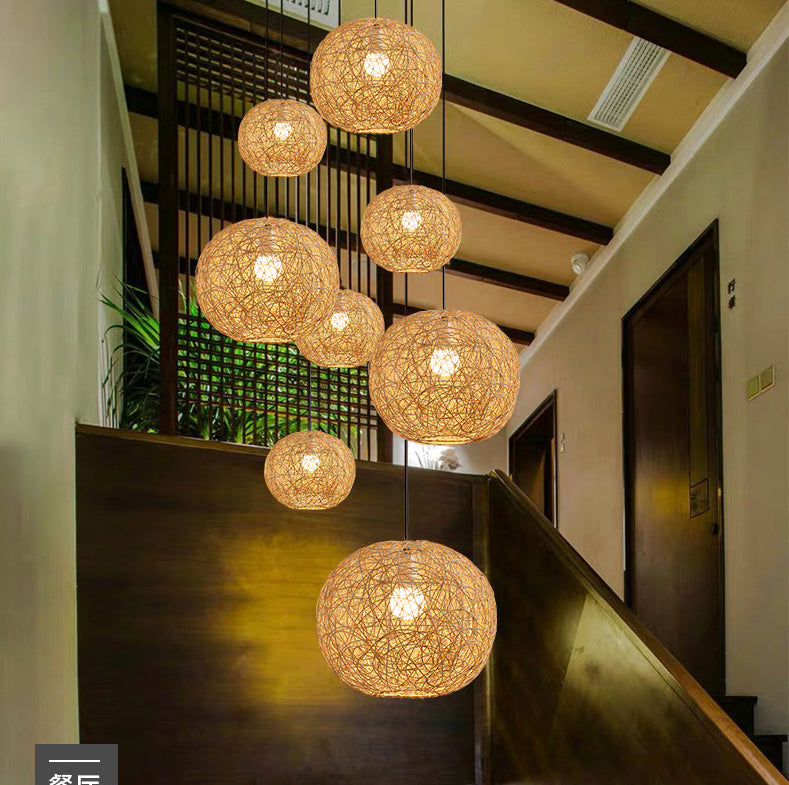 Restaurant Pendant Light Kit Asia Style Beige Hanging Ceiling Light with Globe Rattan Shade