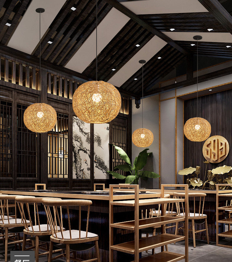Restaurant Pendant Light Kit Asia Style Beige Hanging Ceiling Light with Globe Rattan Shade