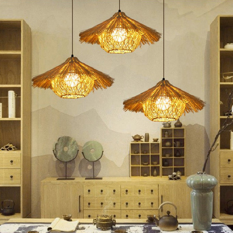 Contemporary Nest Pendant Lighting Fixture Rattan Restaurant Hanging Ceiling Light in Beige
