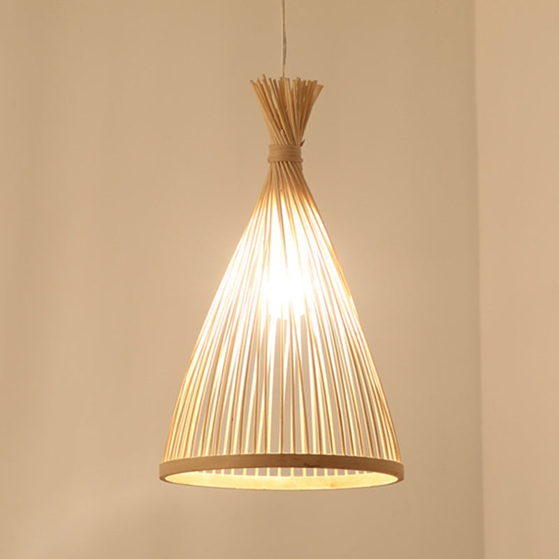 Conical Pendant Lighting Fixture Contemporary Style Bamboo Beige Hanging Ceiling Light