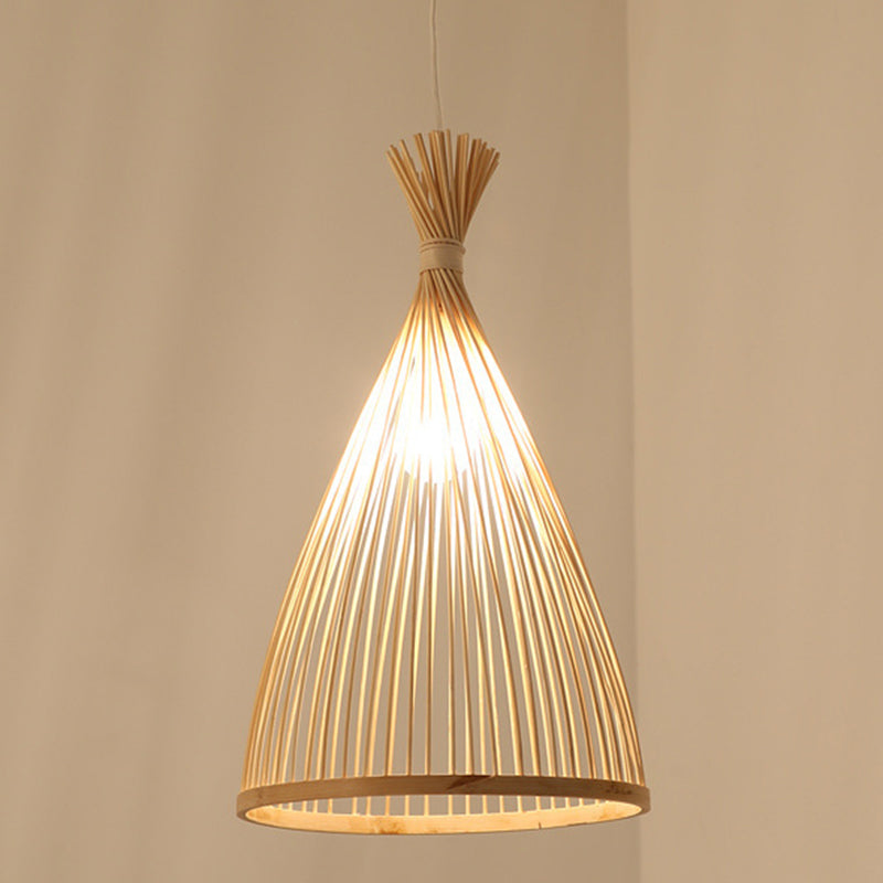 Conical Pendant Lighting Fixture Contemporary Style Bamboo Beige Hanging Ceiling Light