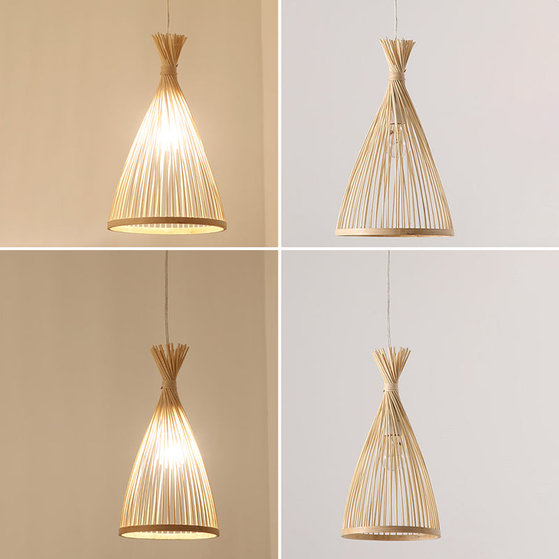 Conical Pendant Lighting Fixture Contemporary Style Bamboo Beige Hanging Ceiling Light