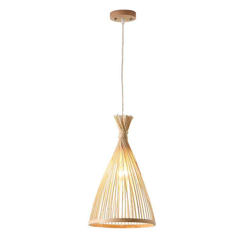 Conical Pendant Lighting Fixture Contemporary Style Bamboo Beige Hanging Ceiling Light