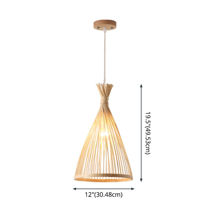 Conical Pendant Lighting Fixture Contemporary Style Bamboo Beige Hanging Ceiling Light