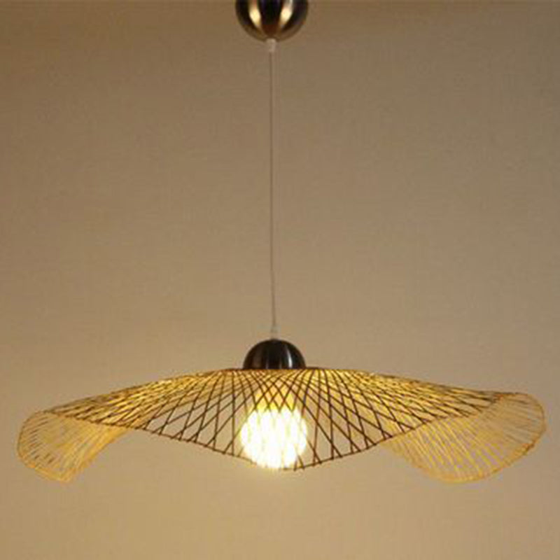 Bamboo Hat Hanging Light Fixture Asia Style Beige Suspension Pendant Light for Restaurant