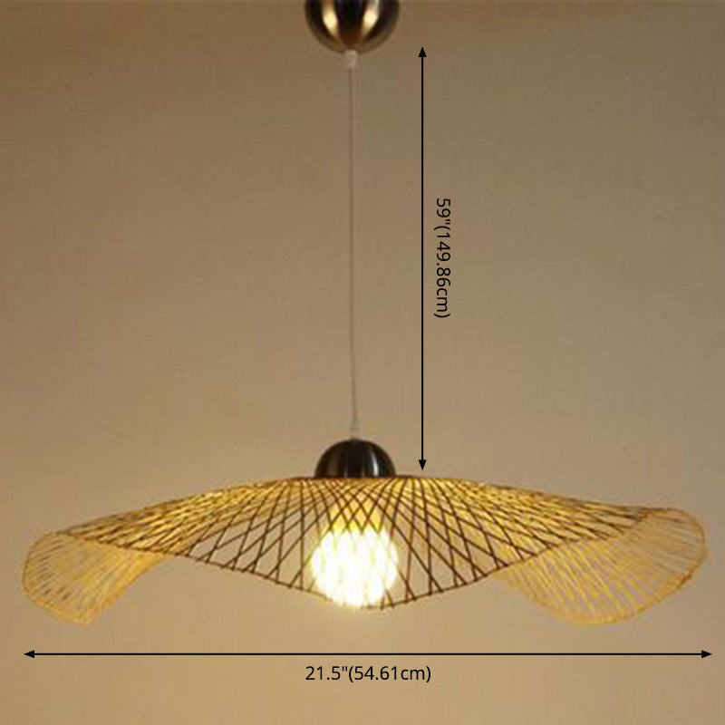 Bamboo Hat Hanging Light Fixture Asia Style Beige Suspension Pendant Light for Restaurant