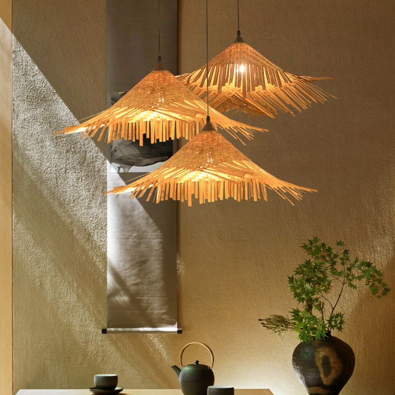 Hat Shape Suspension Pendant Light Bamboo Restaurant Pendant Ceiling Light in Beige