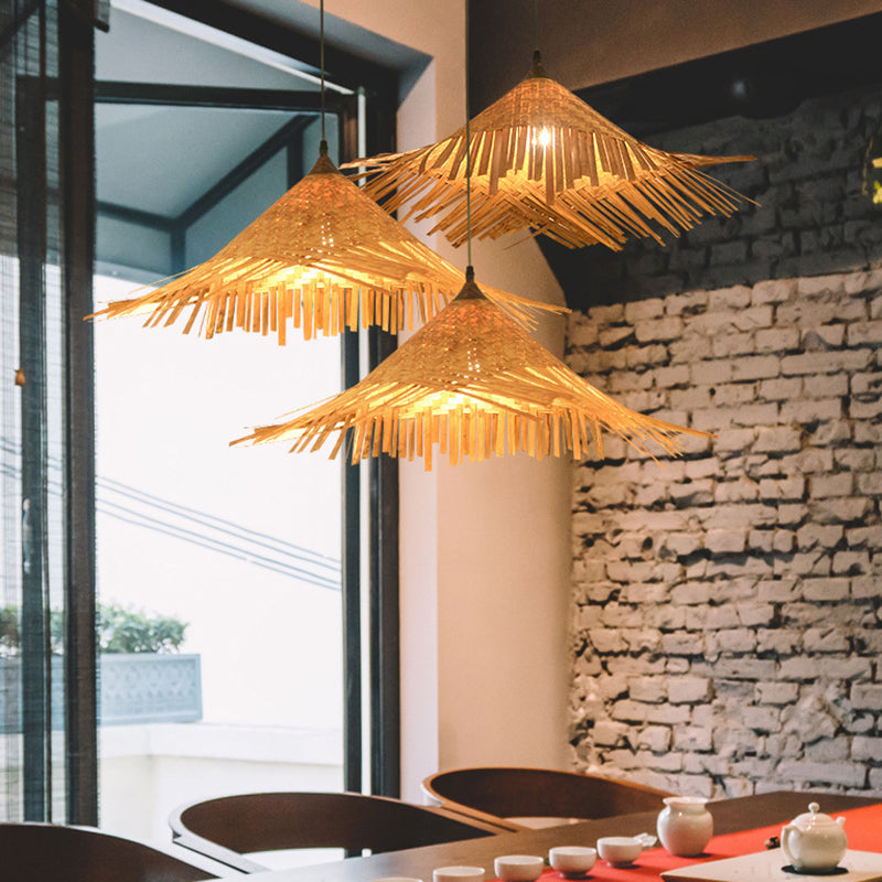 Hat Shape Suspension Pendant Light Bamboo Restaurant Pendant Ceiling Light in Beige