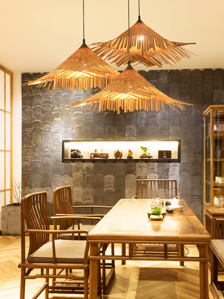 Hat Shape Suspension Pendant Light Bamboo Restaurant Pendant Ceiling Light in Beige