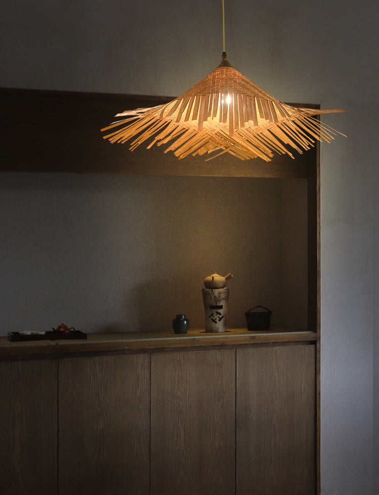 Hat Shape Suspension Pendant Light Bamboo Restaurant Pendant Ceiling Light in Beige