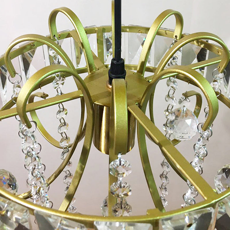 Circular mini suspensión Luz colgante marco de hierro simple 1 Bulbo de oro Luz de techo de luz con gota de cristal