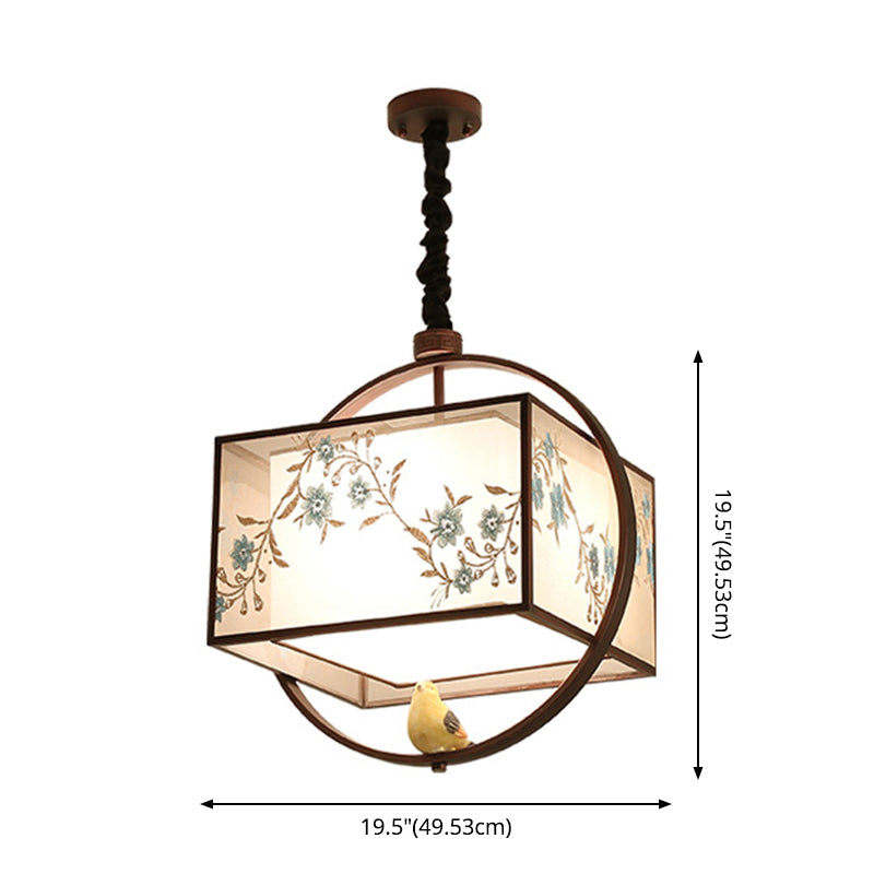 Square Fabric Suspension Pendant Light Chinese Style Black Hanging Ceiling Light